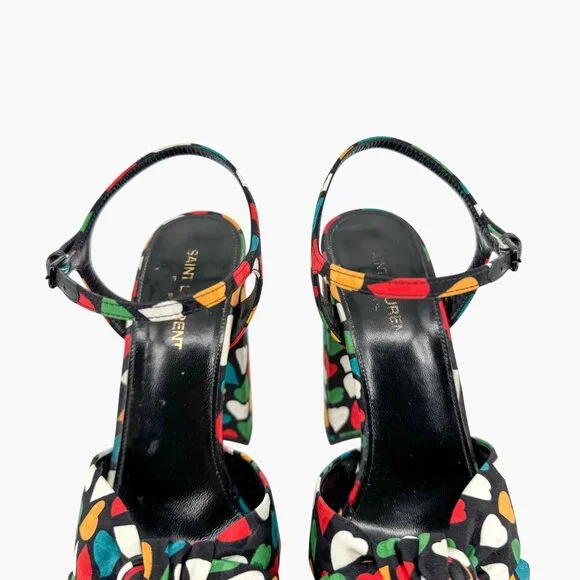 Saint Laurent Bianca Platform Sandals Size 38.5 US 8.5 Multicolor Heart Satin - Picture 4 of 14
